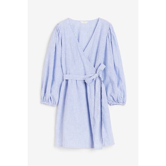 H&M Blue White Striped Linen Blend Coastal Long Sleeve Wrap Mini Dress Size L - Picture 1 of 9